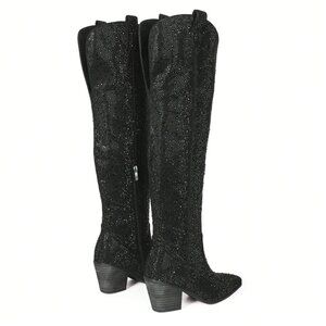 Knee-High Black Rhinestone Embellished Western Cowgirl Boots